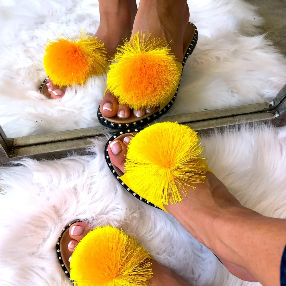 Italina Boho Yellow Pom Pom Slide On Padded Mule Sandals